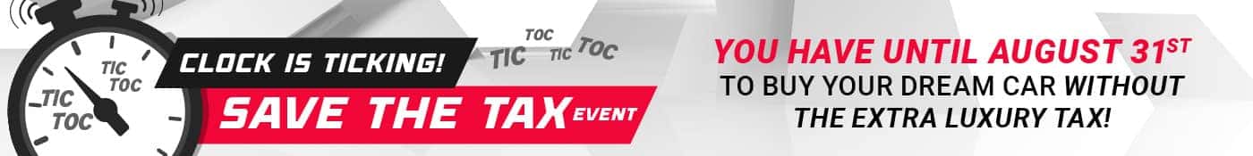Clock-themed ad promoting "Save the Tax" event ending August 31st.
