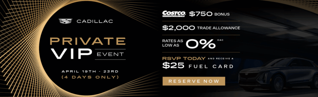 Cadillac VIP event promotion offering $750 Costco bonus, $2,000 trade-in, and 0% rates. RSVP for a $25 fuel card.