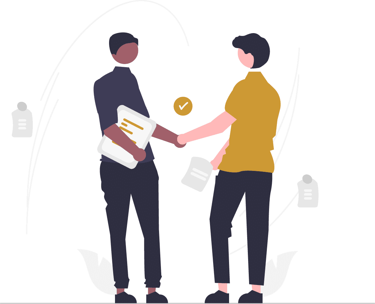 Illustration of two people shaking hands. One holds documents, and there are abstract icons of paper and check marks around them, suggesting agreement or collaboration.