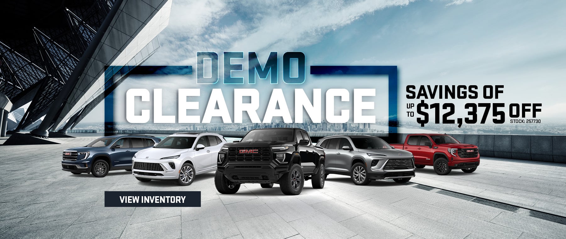 Demo clearance event with savings up to $12,375. Various GMC vehicles displayed with a modern architectural background.