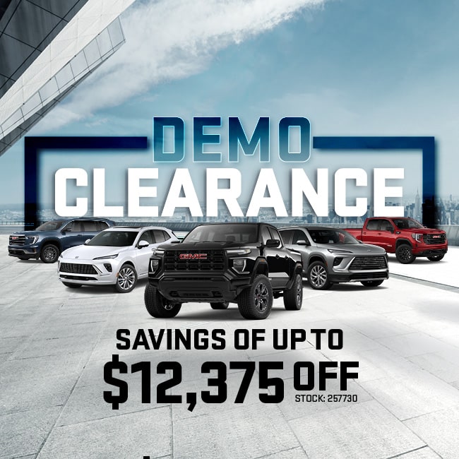 Demo clearance sale for five cars with savings up to $12,375. Includes a "View Inventory" button.