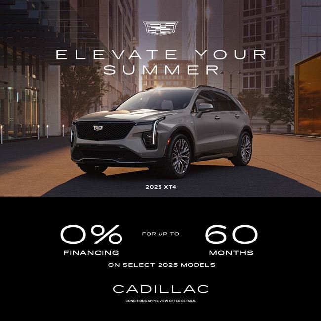 Cadillac 2025 XT4 SUV in urban setting with "Elevate Your Summer" and 0% financing offer.