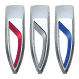 A logo featuring three silver shields inside a circular border. The shields are colored red, white, and blue from left to right. Each shield has a diagonal silver stripe. The background is transparent.