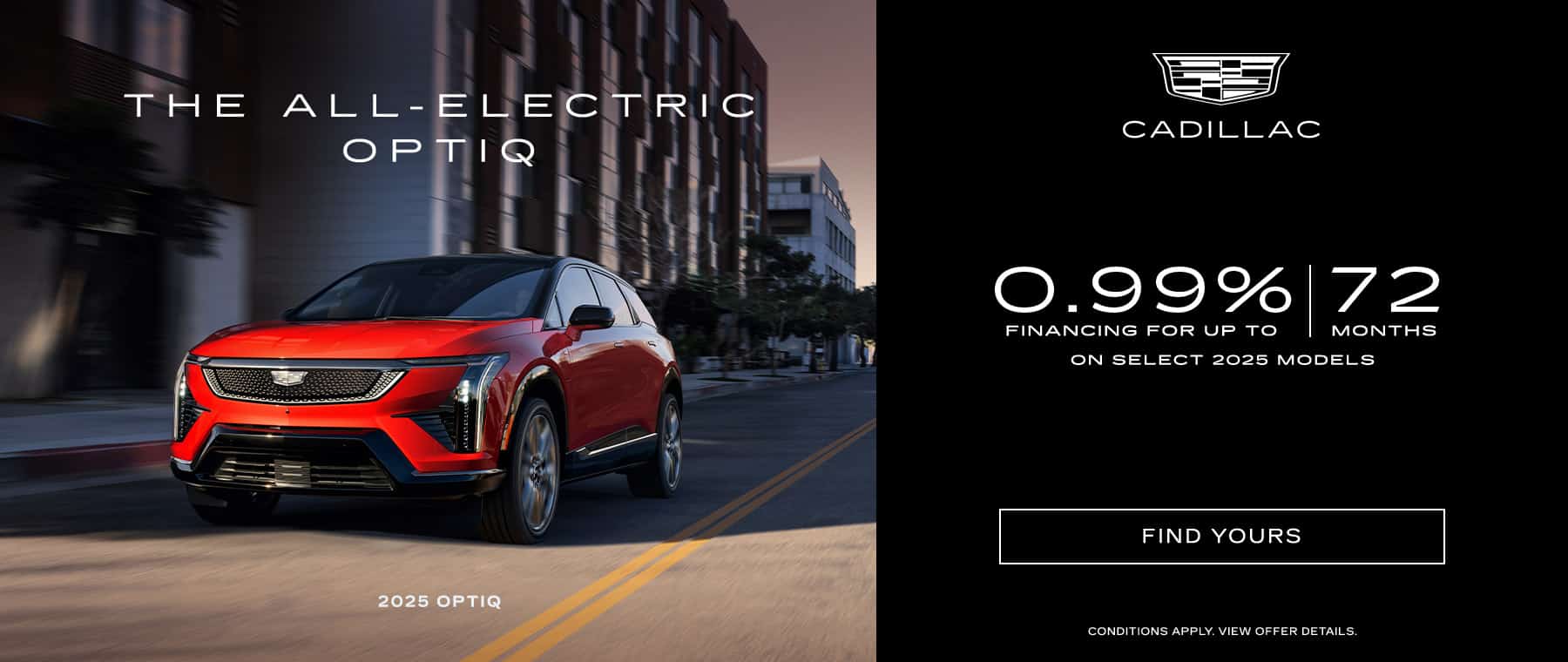Red 2025 Cadillac Optiq electric SUV with financing offer of 0.99% for 72 months displayed.