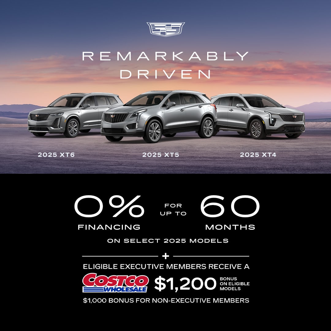 Cadillac 2025 XT5 SUV against sunset with "Elevate Your Summer" text, offering 0% financing for up to 60 months.