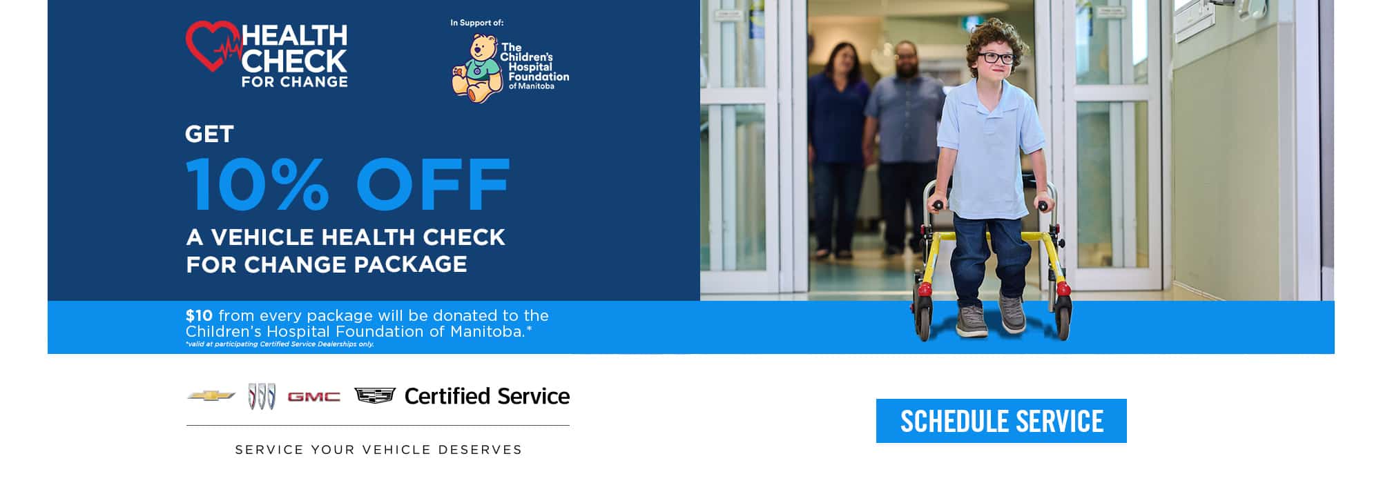 Promotional banner offering 10% off vehicle health check, supporting Children's Hospital Foundation of Manitoba.